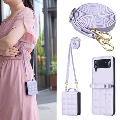 For Samsung Galaxy Z Flip4 5G Phone Case Square Grid Leather Cover with Shoulder Strap