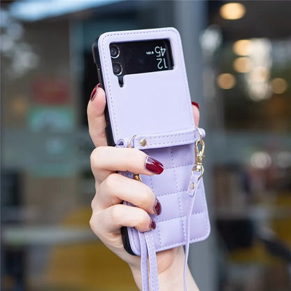 For Samsung Galaxy Z Flip4 5G Phone Case Square Grid Leather Cover with Shoulder Strap