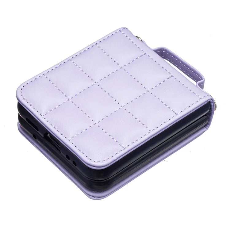 For Samsung Galaxy Z Flip4 5G Phone Case Square Grid Leather Cover with Shoulder Strap