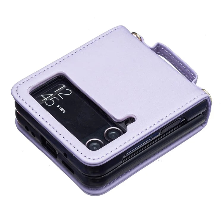 For Samsung Galaxy Z Flip4 5G Phone Case Square Grid Leather Cover with Shoulder Strap