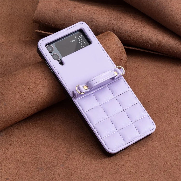 For Samsung Galaxy Z Flip4 5G Phone Case Square Grid Leather Cover with Shoulder Strap