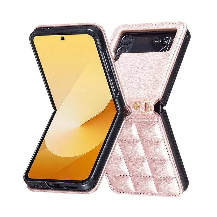 For Samsung Galaxy Z Flip4 5G Phone Case Square Grid Leather Cover with Shoulder Strap