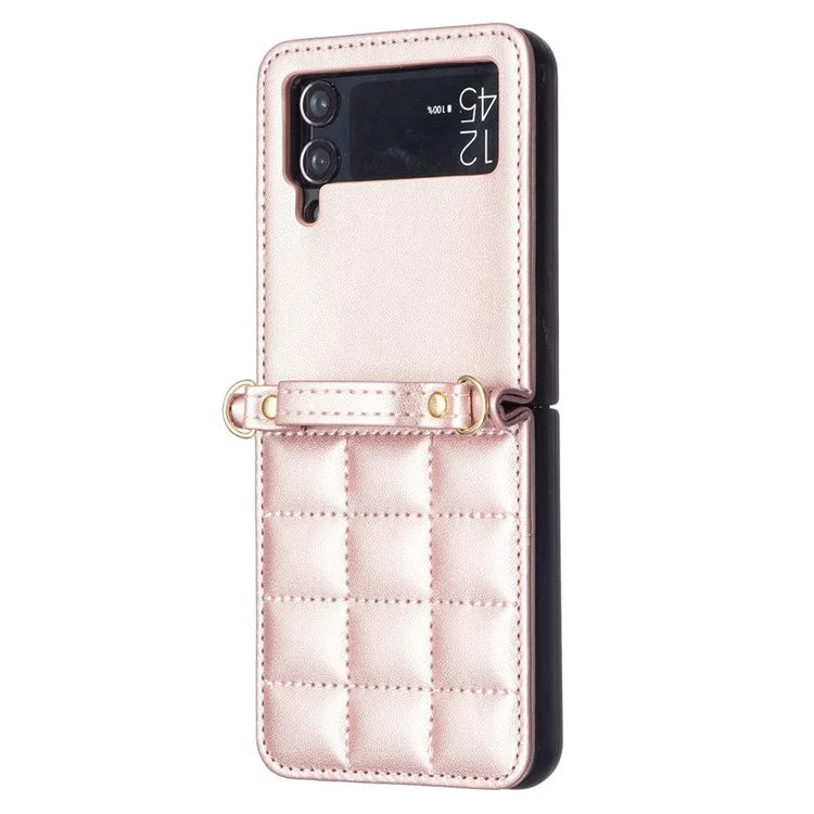 For Samsung Galaxy Z Flip4 5G Phone Case Square Grid Leather Cover with Shoulder Strap