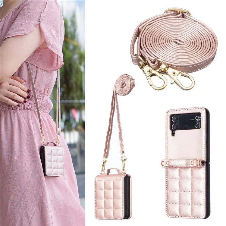 For Samsung Galaxy Z Flip4 5G Phone Case Square Grid Leather Cover with Shoulder Strap