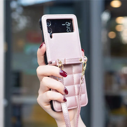 For Samsung Galaxy Z Flip4 5G Phone Case Square Grid Leather Cover with Shoulder Strap