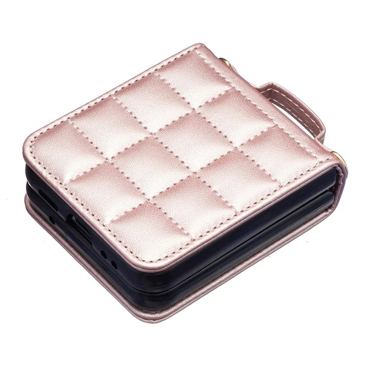 For Samsung Galaxy Z Flip4 5G Phone Case Square Grid Leather Cover with Shoulder Strap