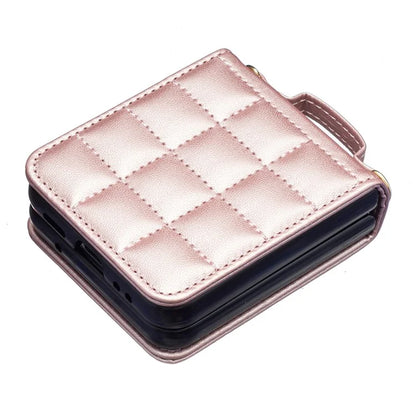 For Samsung Galaxy Z Flip4 5G Phone Case Square Grid Leather Cover with Shoulder Strap