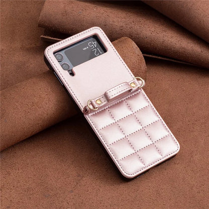 For Samsung Galaxy Z Flip4 5G Phone Case Square Grid Leather Cover with Shoulder Strap