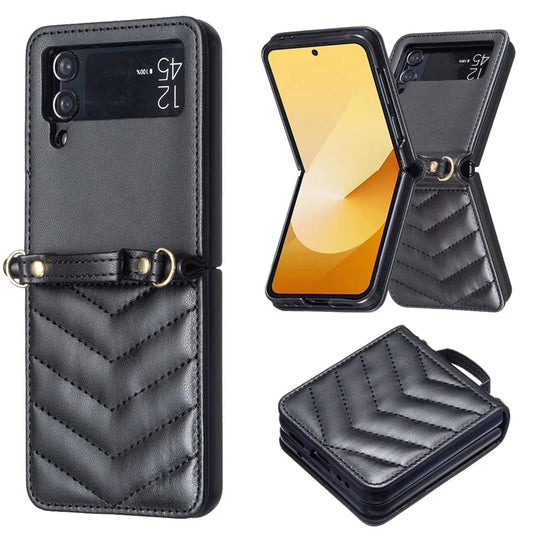 For Samsung Galaxy Z Flip4 5G Leather Case Wave Pattern Phone Back Cover with Shoulder Strap