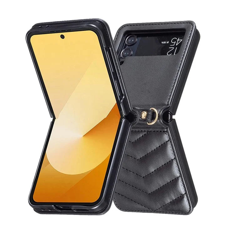 For Samsung Galaxy Z Flip4 5G Leather Case Wave Pattern Phone Back Cover with Shoulder Strap