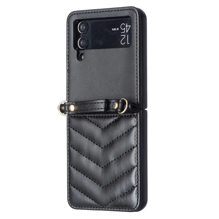 For Samsung Galaxy Z Flip4 5G Leather Case Wave Pattern Phone Back Cover with Shoulder Strap