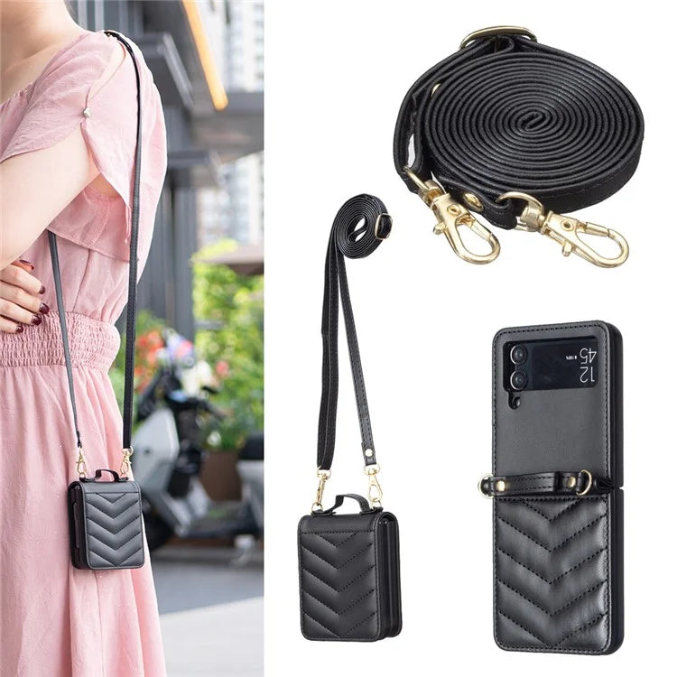 For Samsung Galaxy Z Flip4 5G Leather Case Wave Pattern Phone Back Cover with Shoulder Strap