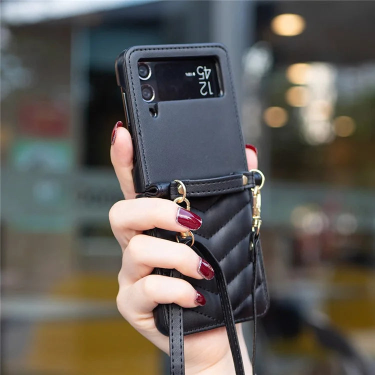 For Samsung Galaxy Z Flip4 5G Leather Case Wave Pattern Phone Back Cover with Shoulder Strap