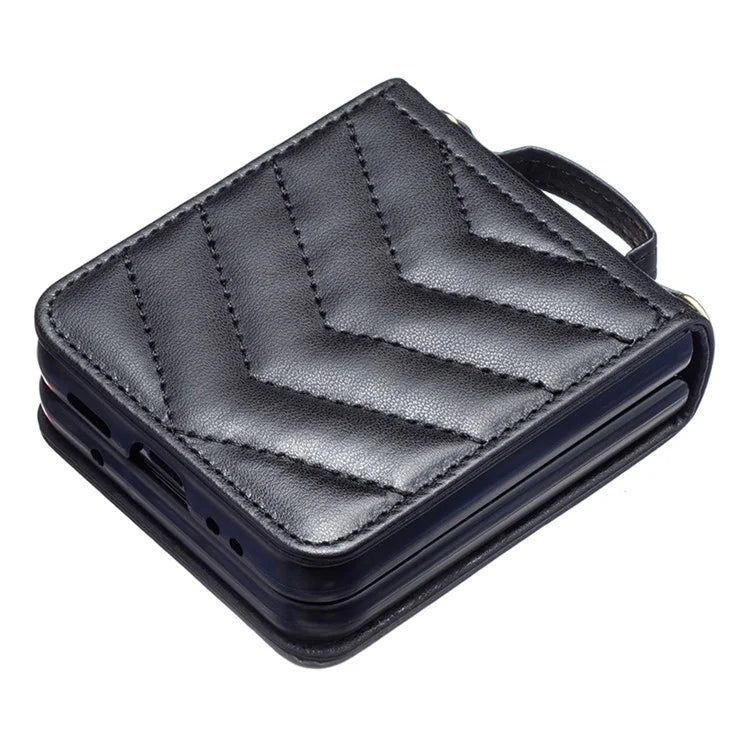 For Samsung Galaxy Z Flip4 5G Leather Case Wave Pattern Phone Back Cover with Shoulder Strap