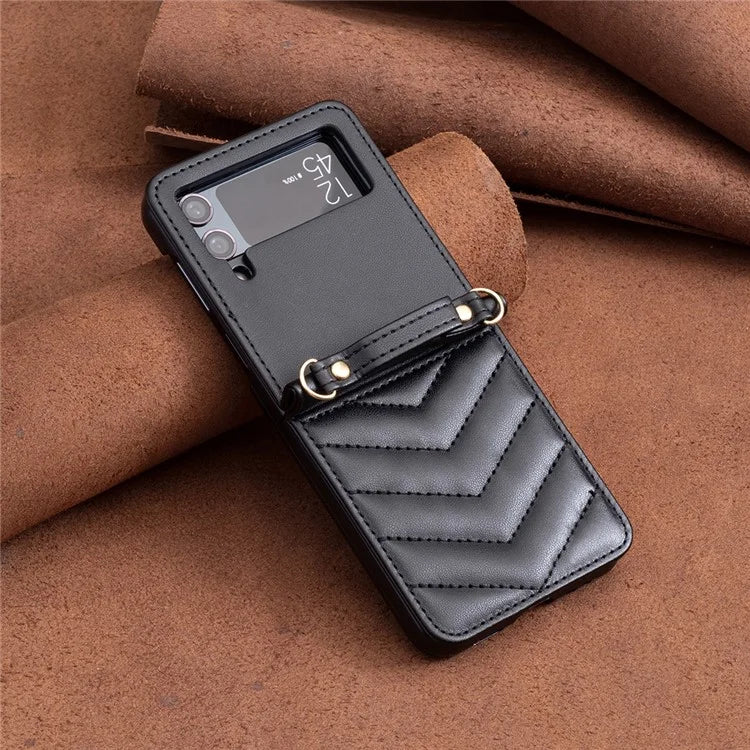 For Samsung Galaxy Z Flip4 5G Leather Case Wave Pattern Phone Back Cover with Shoulder Strap