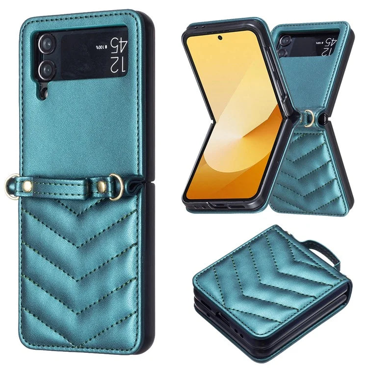 For Samsung Galaxy Z Flip4 5G Leather Case Wave Pattern Phone Back Cover with Shoulder Strap