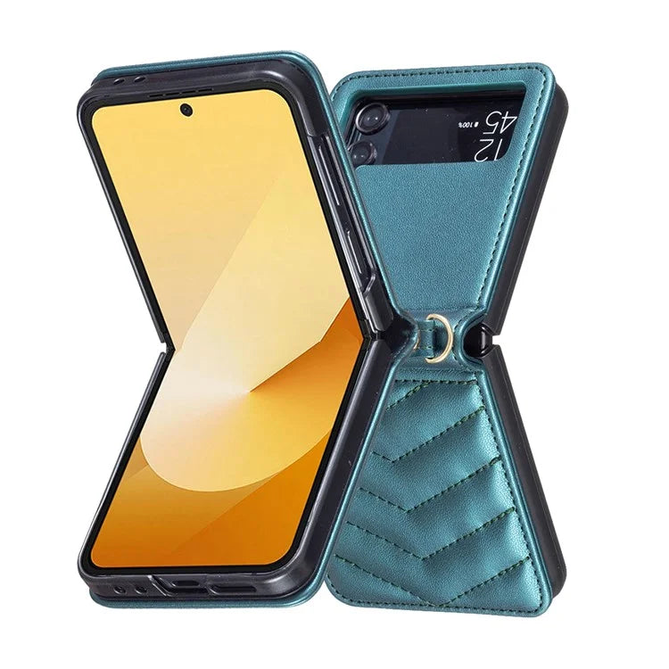 For Samsung Galaxy Z Flip4 5G Leather Case Wave Pattern Phone Back Cover with Shoulder Strap