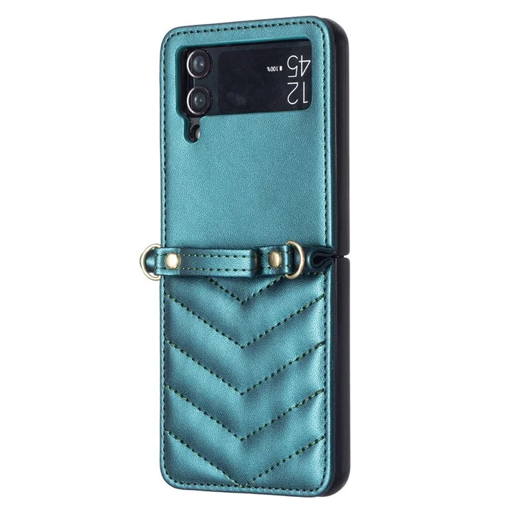 For Samsung Galaxy Z Flip4 5G Leather Case Wave Pattern Phone Back Cover with Shoulder Strap