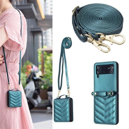For Samsung Galaxy Z Flip4 5G Leather Case Wave Pattern Phone Back Cover with Shoulder Strap