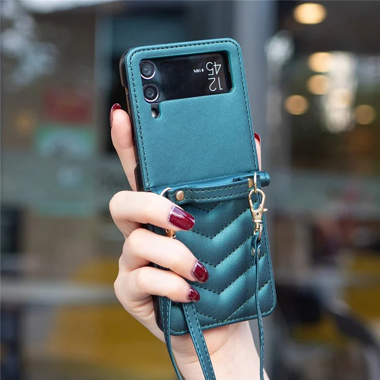 For Samsung Galaxy Z Flip4 5G Leather Case Wave Pattern Phone Back Cover with Shoulder Strap
