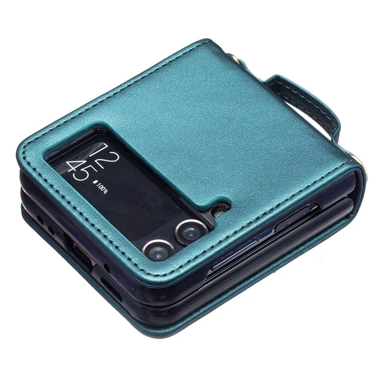 For Samsung Galaxy Z Flip4 5G Leather Case Wave Pattern Phone Back Cover with Shoulder Strap