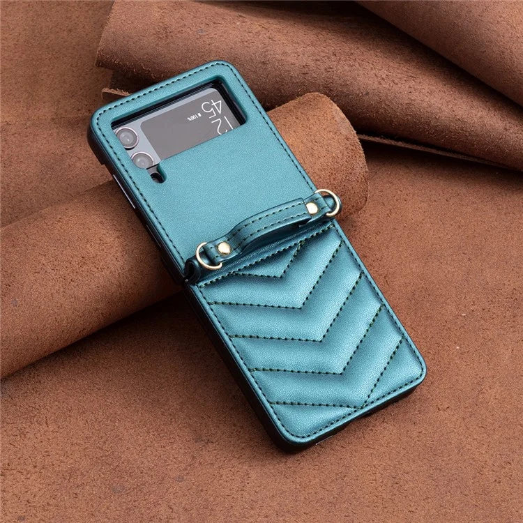 For Samsung Galaxy Z Flip4 5G Leather Case Wave Pattern Phone Back Cover with Shoulder Strap