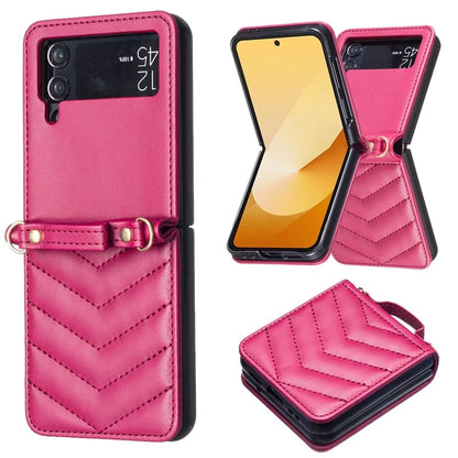 For Samsung Galaxy Z Flip4 5G Leather Case Wave Pattern Phone Back Cover with Shoulder Strap