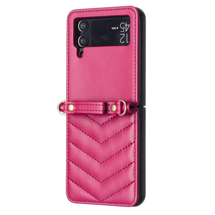 For Samsung Galaxy Z Flip4 5G Leather Case Wave Pattern Phone Back Cover with Shoulder Strap