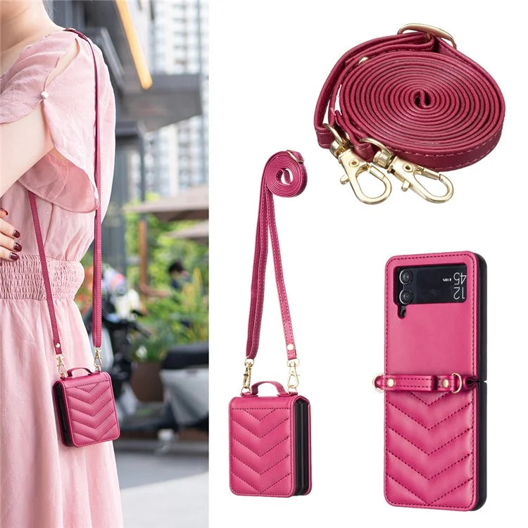 For Samsung Galaxy Z Flip4 5G Leather Case Wave Pattern Phone Back Cover with Shoulder Strap