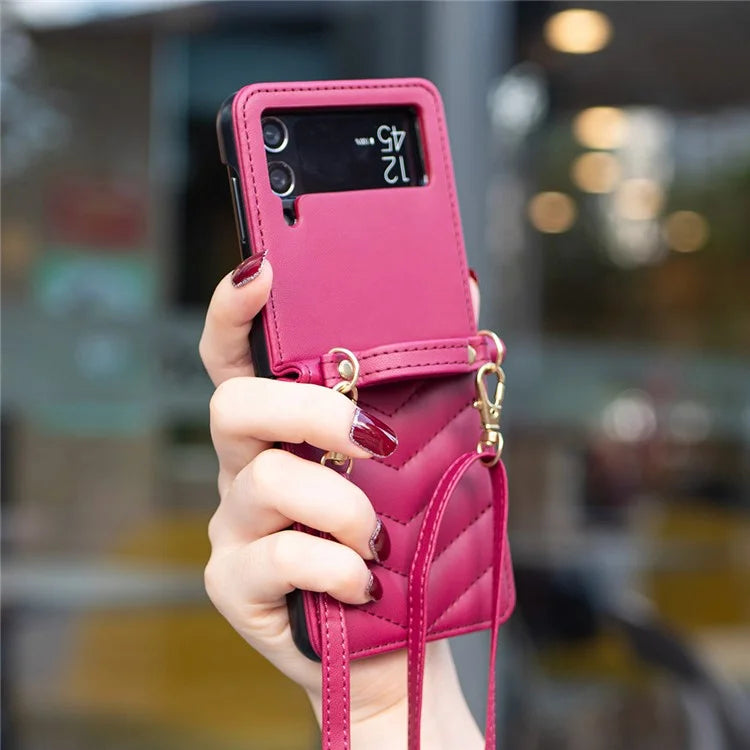 For Samsung Galaxy Z Flip4 5G Leather Case Wave Pattern Phone Back Cover with Shoulder Strap