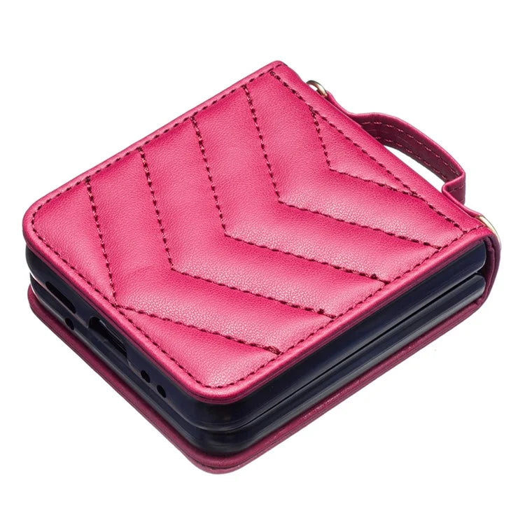For Samsung Galaxy Z Flip4 5G Leather Case Wave Pattern Phone Back Cover with Shoulder Strap