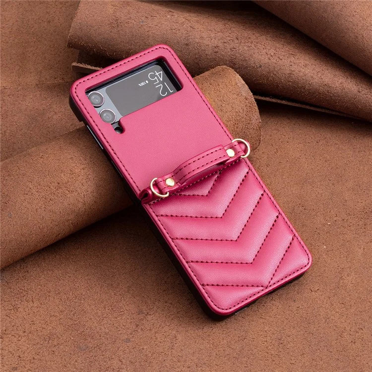 For Samsung Galaxy Z Flip4 5G Leather Case Wave Pattern Phone Back Cover with Shoulder Strap
