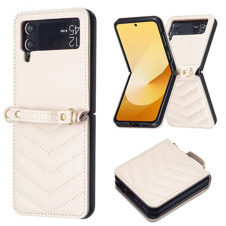 For Samsung Galaxy Z Flip4 5G Leather Case Wave Pattern Phone Back Cover with Shoulder Strap
