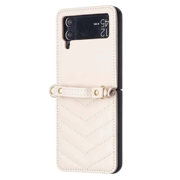 For Samsung Galaxy Z Flip4 5G Leather Case Wave Pattern Phone Back Cover with Shoulder Strap