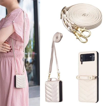 For Samsung Galaxy Z Flip4 5G Leather Case Wave Pattern Phone Back Cover with Shoulder Strap