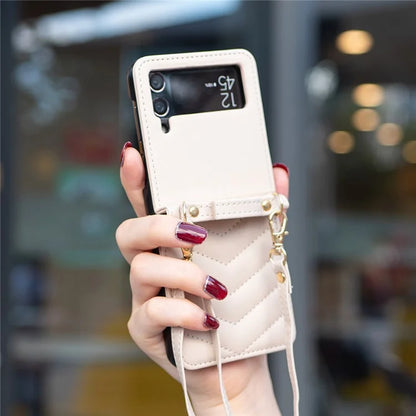 For Samsung Galaxy Z Flip4 5G Leather Case Wave Pattern Phone Back Cover with Shoulder Strap