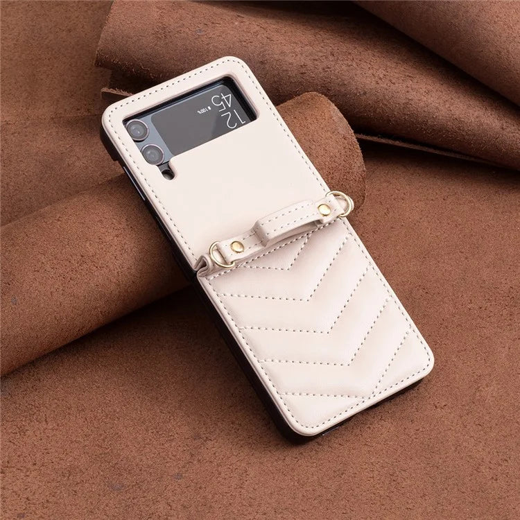 For Samsung Galaxy Z Flip4 5G Leather Case Wave Pattern Phone Back Cover with Shoulder Strap