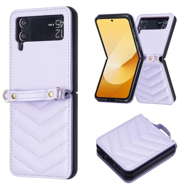 For Samsung Galaxy Z Flip4 5G Leather Case Wave Pattern Phone Back Cover with Shoulder Strap