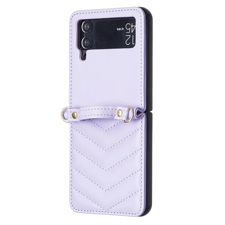 For Samsung Galaxy Z Flip4 5G Leather Case Wave Pattern Phone Back Cover with Shoulder Strap