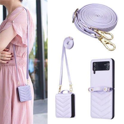 For Samsung Galaxy Z Flip4 5G Leather Case Wave Pattern Phone Back Cover with Shoulder Strap