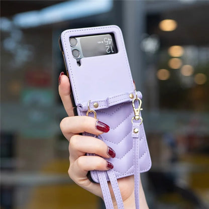 For Samsung Galaxy Z Flip4 5G Leather Case Wave Pattern Phone Back Cover with Shoulder Strap