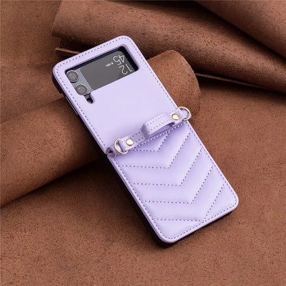 For Samsung Galaxy Z Flip4 5G Leather Case Wave Pattern Phone Back Cover with Shoulder Strap