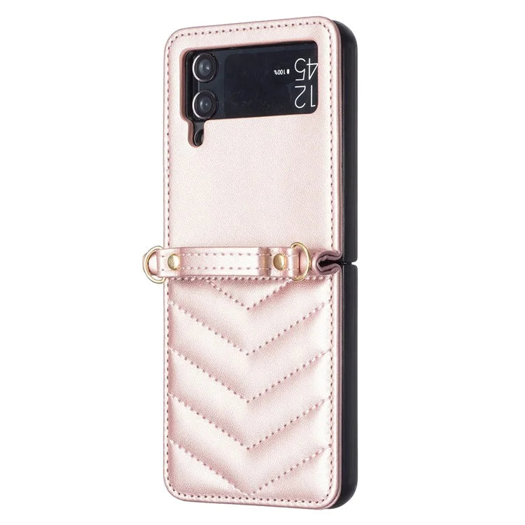 For Samsung Galaxy Z Flip4 5G Leather Case Wave Pattern Phone Back Cover with Shoulder Strap