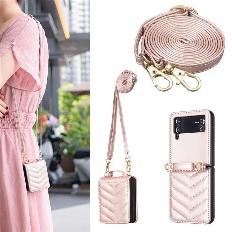 For Samsung Galaxy Z Flip4 5G Leather Case Wave Pattern Phone Back Cover with Shoulder Strap