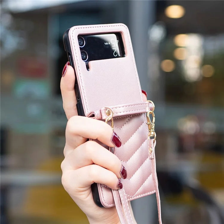 For Samsung Galaxy Z Flip4 5G Leather Case Wave Pattern Phone Back Cover with Shoulder Strap