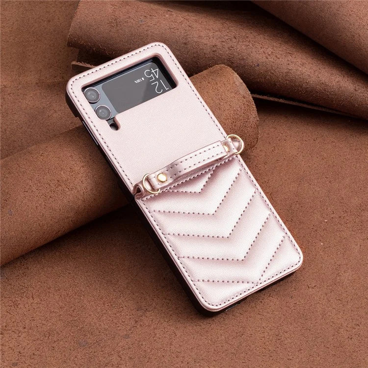 For Samsung Galaxy Z Flip4 5G Leather Case Wave Pattern Phone Back Cover with Shoulder Strap