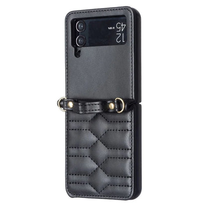 For Samsung Galaxy Z Flip4 5G Leather Case V-Shape Grip Back Cover with Shoulder Strap