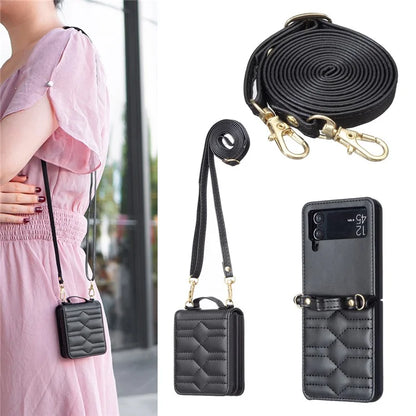 For Samsung Galaxy Z Flip4 5G Leather Case V-Shape Grip Back Cover with Shoulder Strap