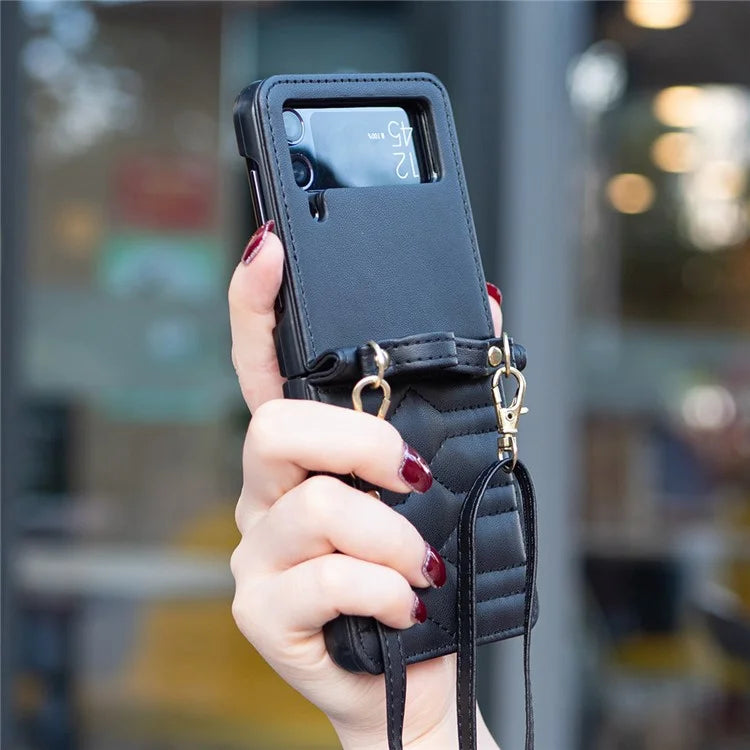 For Samsung Galaxy Z Flip4 5G Leather Case V-Shape Grip Back Cover with Shoulder Strap