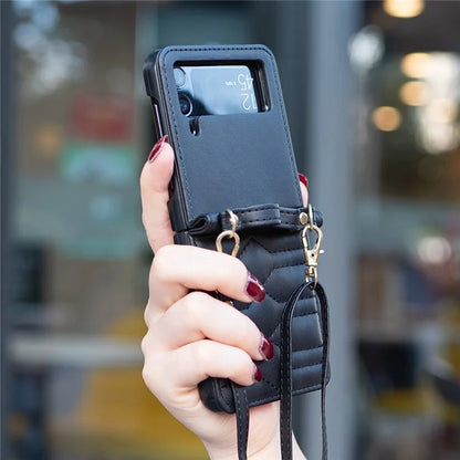 For Samsung Galaxy Z Flip4 5G Leather Case V-Shape Grip Back Cover with Shoulder Strap